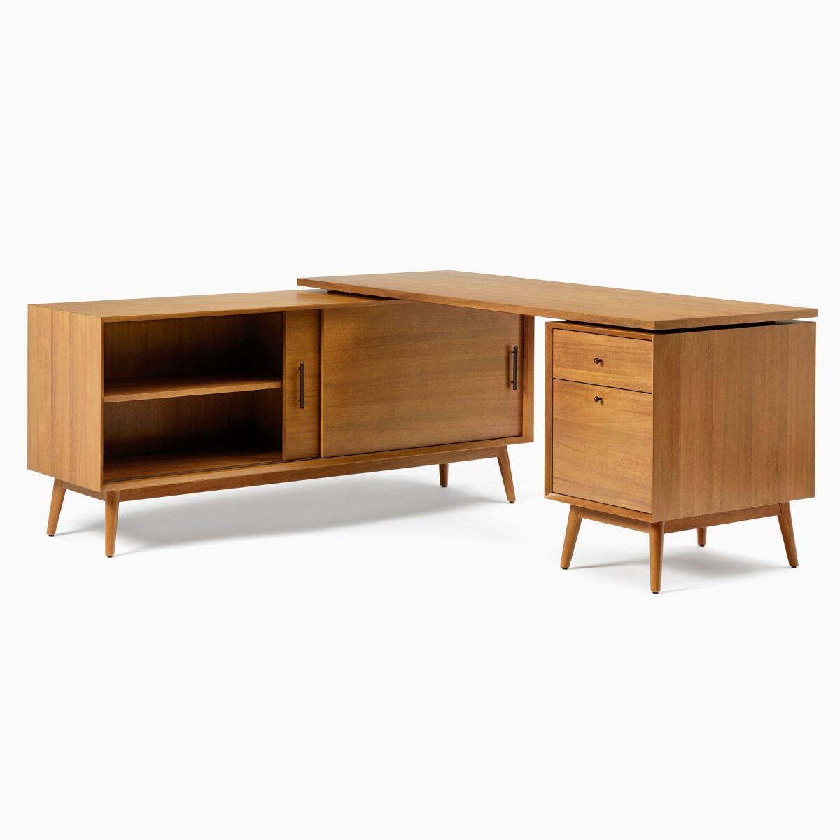 Sultan Agung L-Shaped Desk with File Cabinet & Bookcase - Natural Finish - Image 2