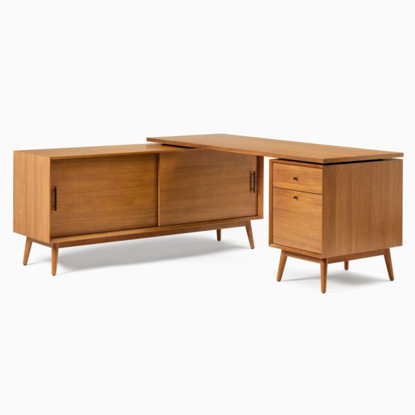 Sultan Agung L-Shaped Desk with File Cabinet & Bookcase - Natural Finish